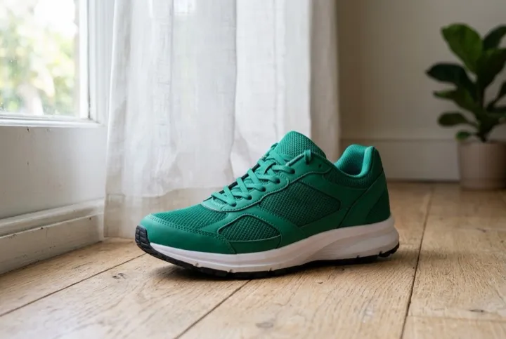 Before: a green running shoe on a wooden floor by a window with a curtain and a plant.
