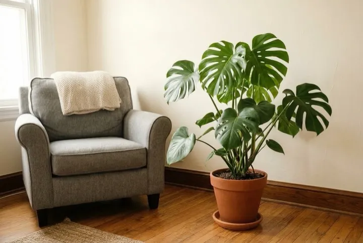After: the same room and armchair, with the boxes and cables gone and a potted monstera in their place.