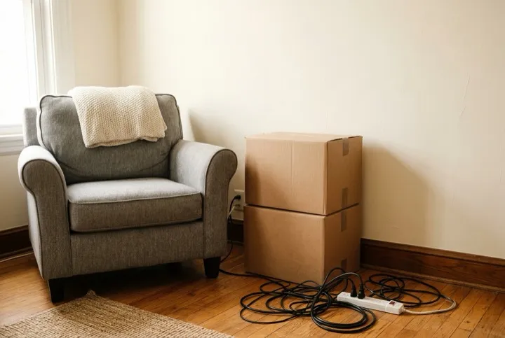 Before: an armchair in a bright room, with cardboard boxes and tangled cables on the floor beside it.