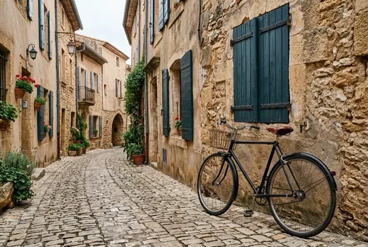 Before: a soft, blurry photo of a cobbled street with stone houses and a bicycle.