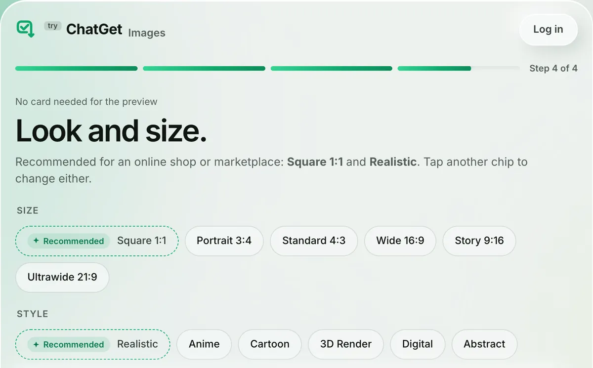 Step 4 of 4, Look and size: size chips with Square 1:1 marked Recommended, and style chips with Realistic marked Recommended.