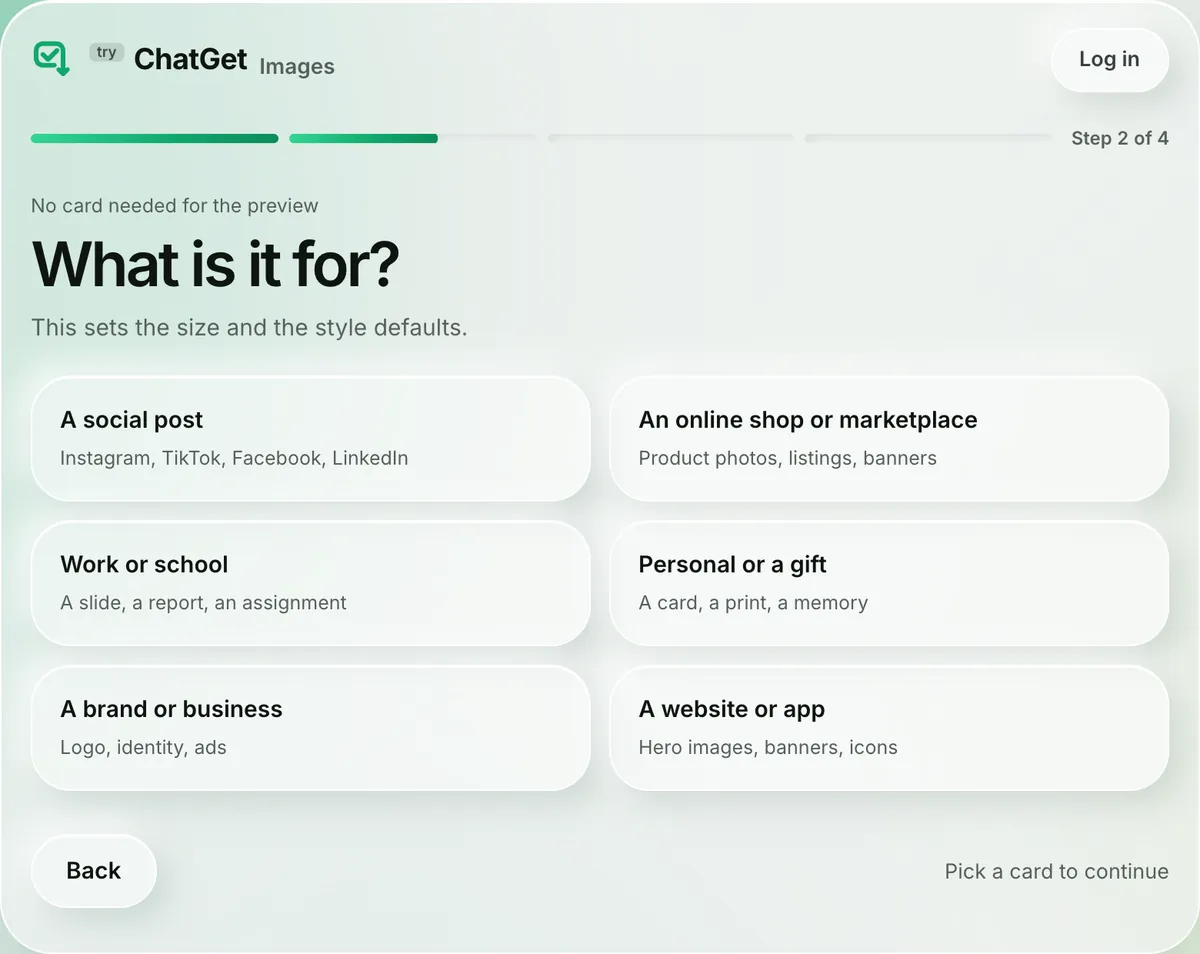 Step 2 of 4, What is it for. Six cards: a social post, an online shop or marketplace, work or school, personal or a gift, a brand or business, a website or app.