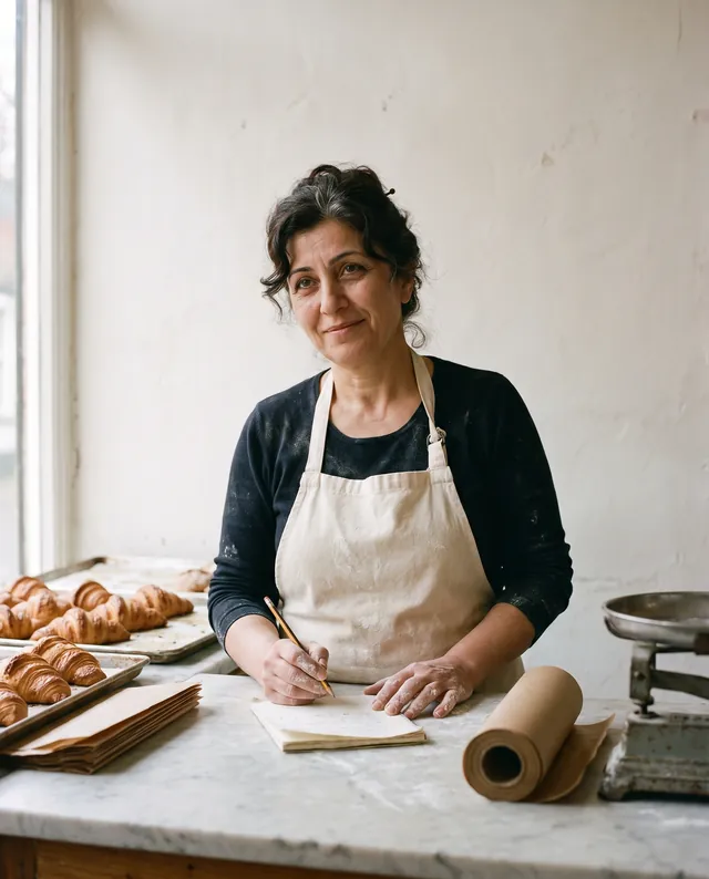 Ayşe, 41, a baker in a flour-dusted apron, writing in a notebook beside trays of croissants. AI-generated portrait.