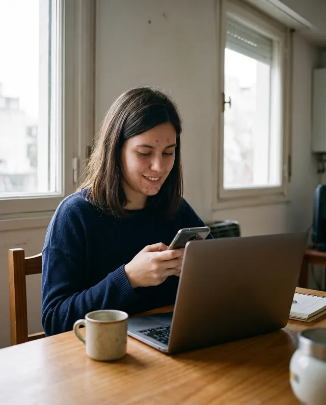 Camila, 26, at home comparing photos on her phone, a laptop open in front of her. AI-generated portrait.
