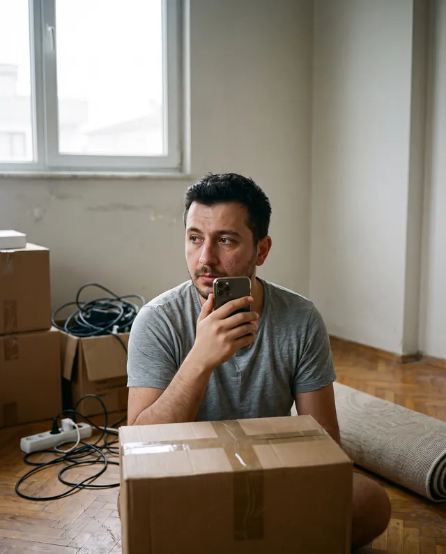 Emre, 29, sitting on a moving box in his half-unpacked flat. AI-generated portrait.