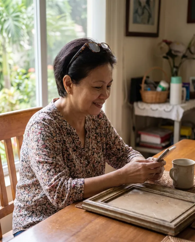 Joy, 52, a teacher, at her dining table looking at a photo on her phone, an empty frame in front of her. AI-generated portrait.