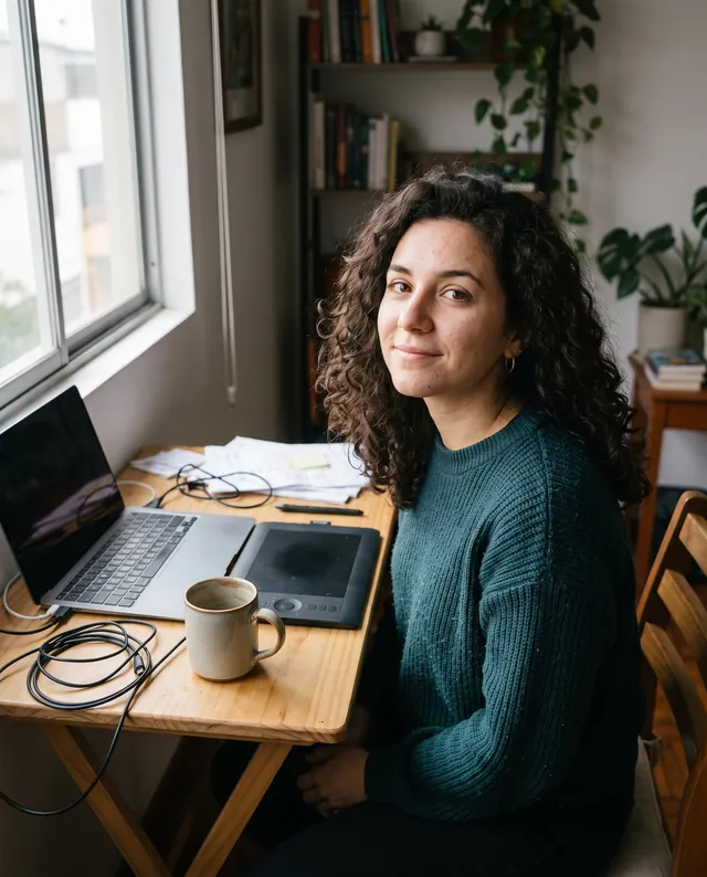 Lucía, 27, a web designer with curly hair and a green sweater, at her desk. AI-generated portrait.