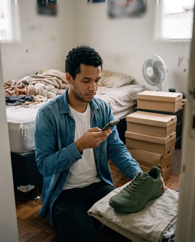 Rafael, 24, a sneaker reseller, photographing a green running shoe with his phone in his bedroom. AI-generated portrait.