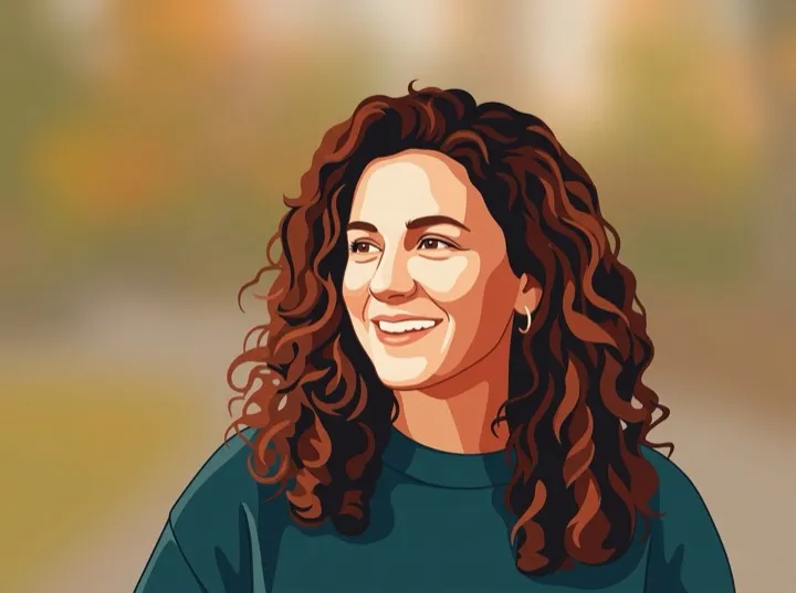 After: the same portrait redrawn as flat vector art with bold shapes and warm colors.