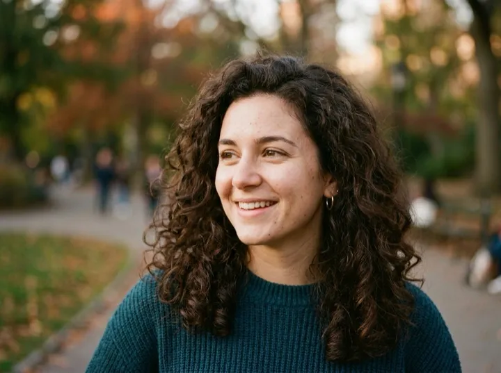 Before: a photo of a smiling woman with curly hair and a green sweater in a park in autumn.