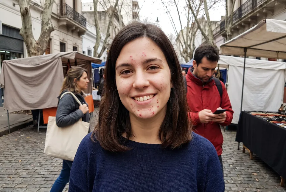 Before: a smiling young woman at a street fair, with a breakout on her chin and cheek, a man in a red jacket on his phone behind her and a woman with a tote bag walking past.