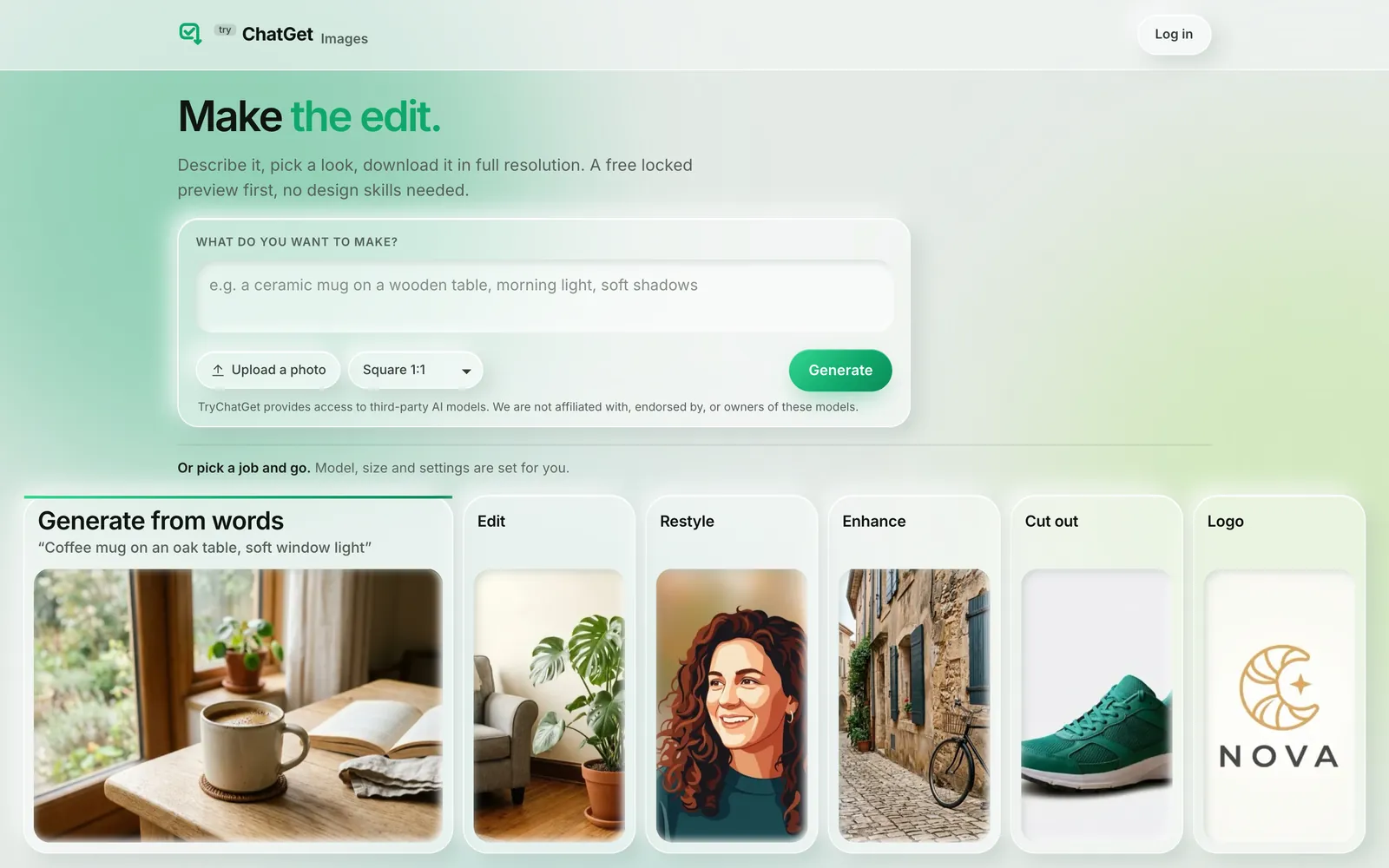 The TryChatGet Images start page: a box asking what you want to make, with an upload button, a size menu and a Generate button, above six job cards for generate from words, edit, restyle, enhance, cut out and logo, each with an example picture.
