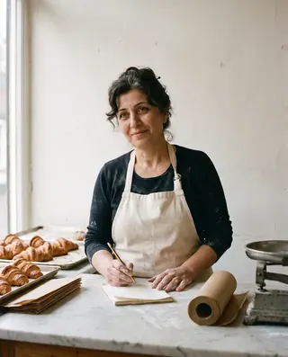 Ayşe, 41, a baker, in her new bakery. AI-generated portrait.