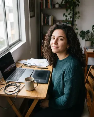 Lucía, 27, a web designer, at her desk. AI-generated portrait.