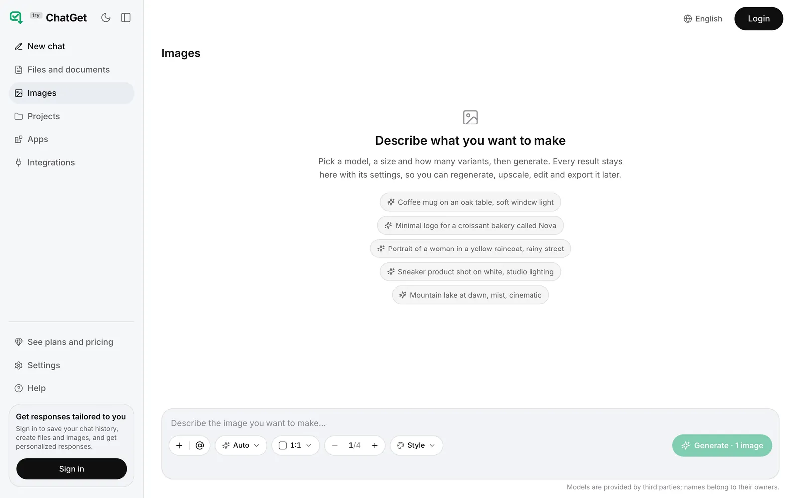 The TryChatGet Images workspace: the app sidebar on the left and, in the main area, the heading Describe what you want to make, five example prompts and a prompt box at the bottom.