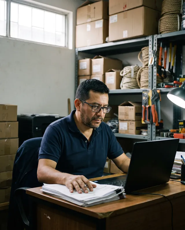 Andrés, 41, at his desk in the back office of a hardware store. AI-generated portrait.