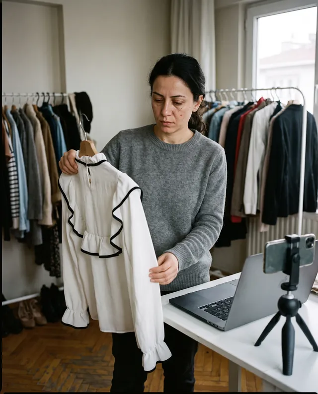 Elif, 33, holding up a white ruffled blouse in her home studio. AI-generated portrait.