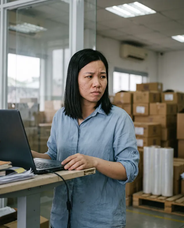 Linh, 31, at a standing desk in a warehouse office. AI-generated portrait.