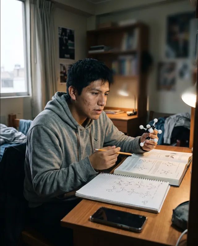Mateo, 19, at his desk with a molecular model and a chemistry notebook. AI-generated portrait.