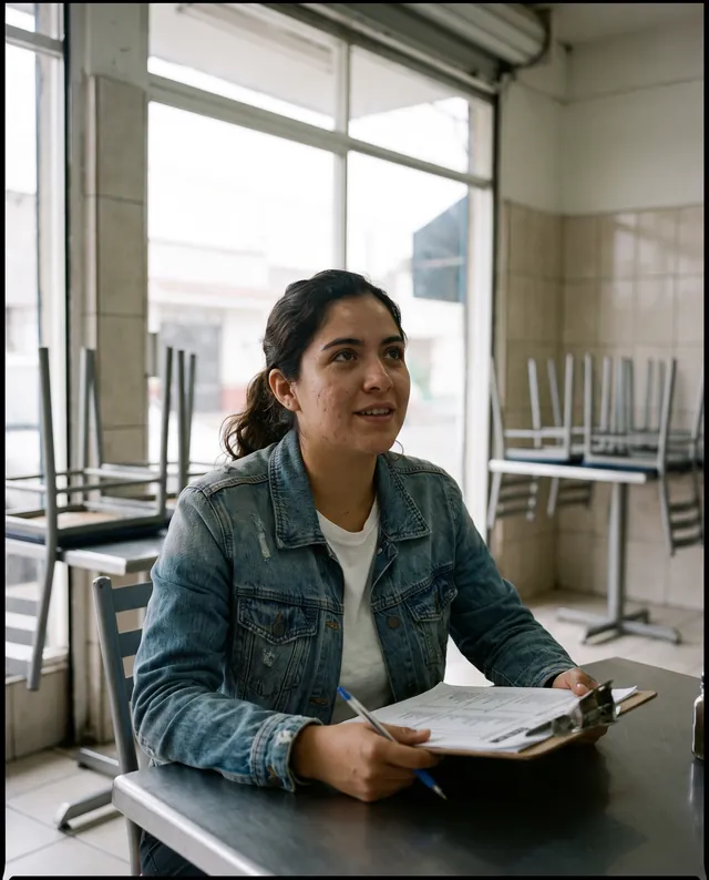 Valeria, 23, with a clipboard of questionnaires in a seafood restaurant before opening. AI-generated portrait.
